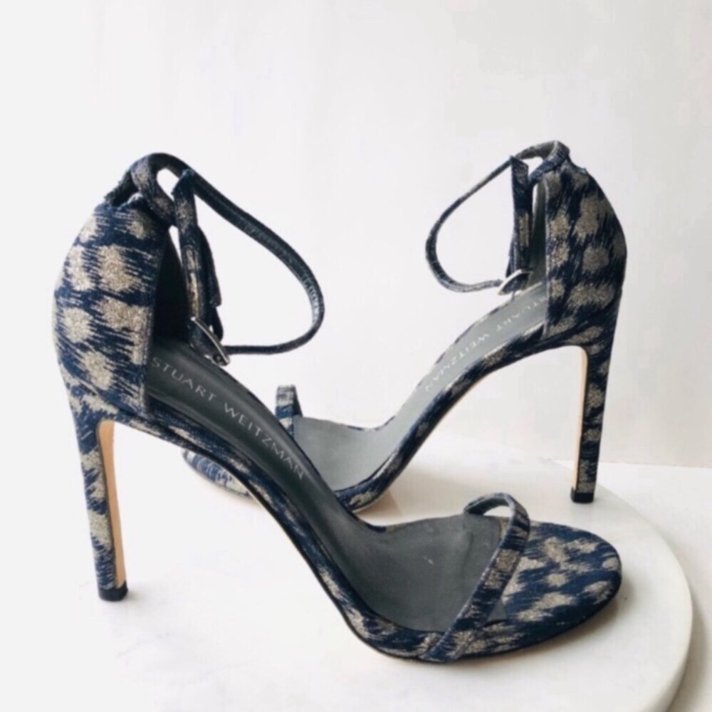 STUART WEITZMAN NUDIST Navy Blue Silver Galaxy Denim Heel Sandals